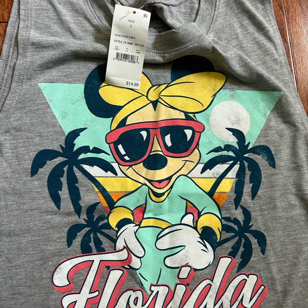Disney Gray and Yellow Tank Top with Tropical Cartoon Design